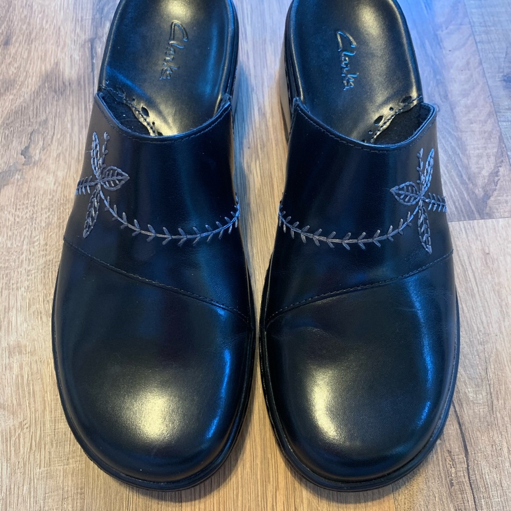 Clark’s Black Embroidered Clogs